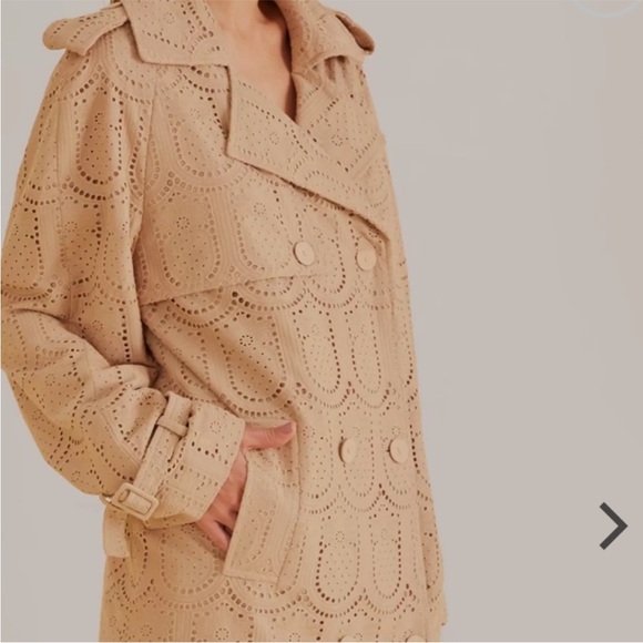 ☔️ FARM Rio for Anthropologie Womens Cottagecore Eyelet Beige Trench Coat Medium - Picture 3 of 16